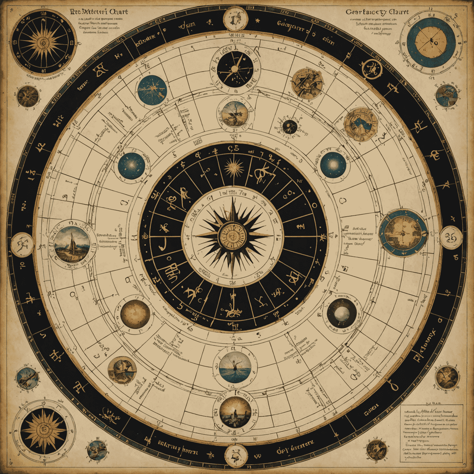 Obraz przedstawiający mapę astrologiczną nałożoną na różne ścieżki kariery, symbolizujące połączenie astrologii z wyborami zawodowymi