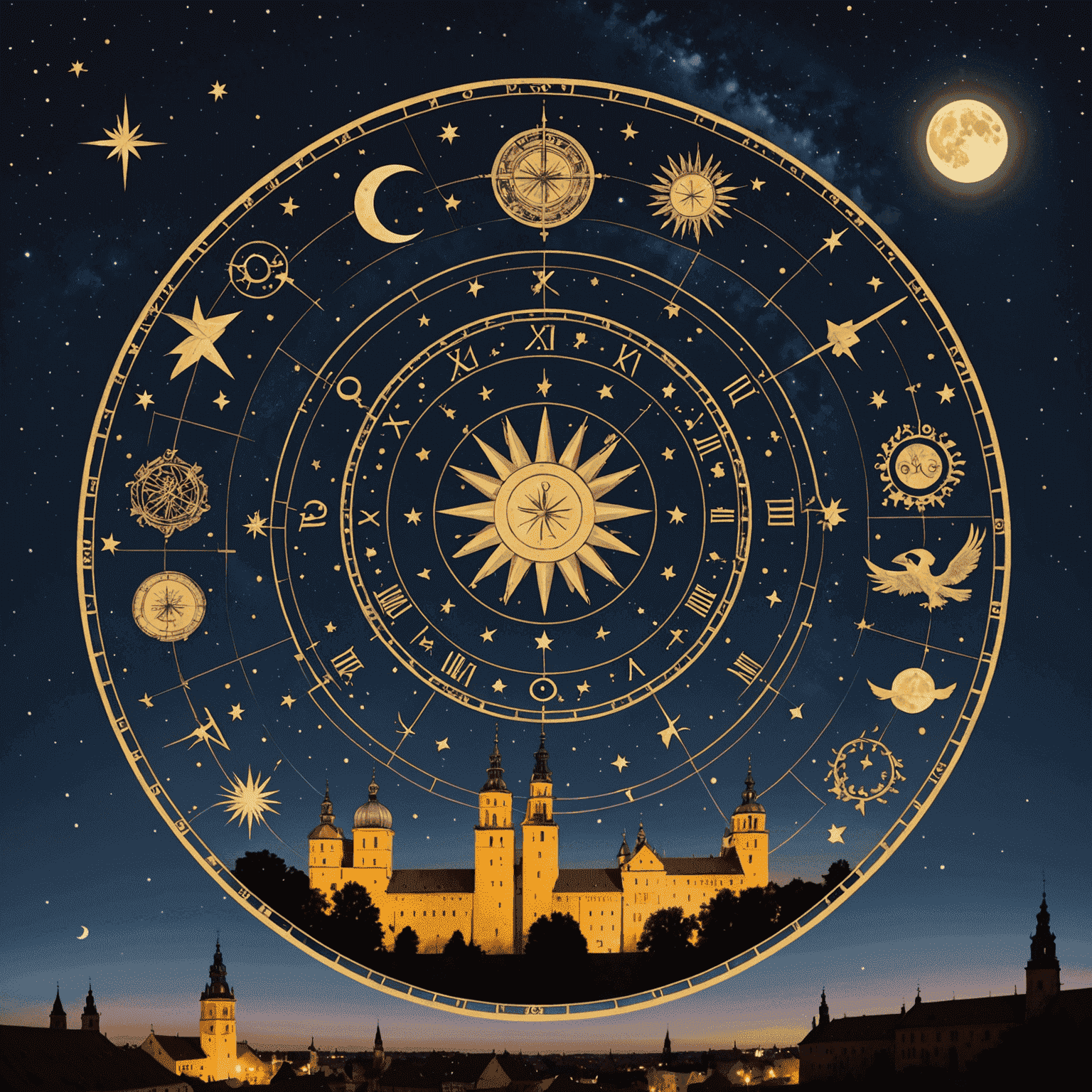 Ilustracja przedstawiająca tradycyjne polskie symbole astrologiczne na tle nocnego nieba nad Krakowem